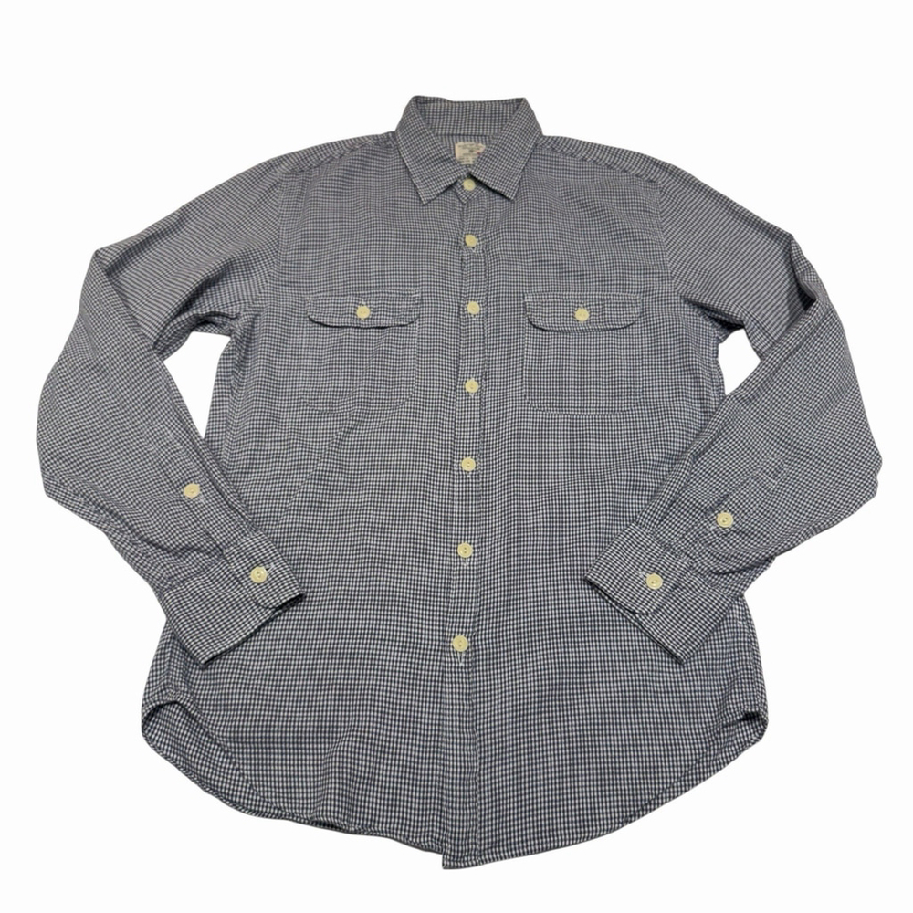 J Crew Mens Cotton Workshirt Blue Ivory Gingham Large Buttons Down Shirt Size M